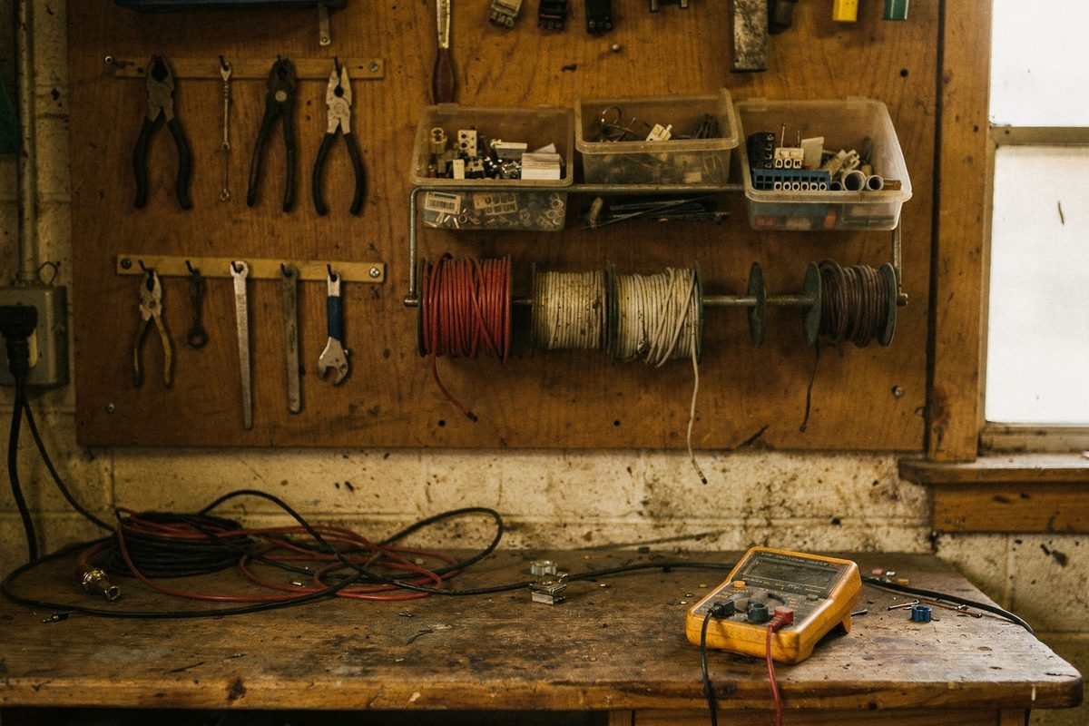 Workshop wall with organized tool storage and a workbench