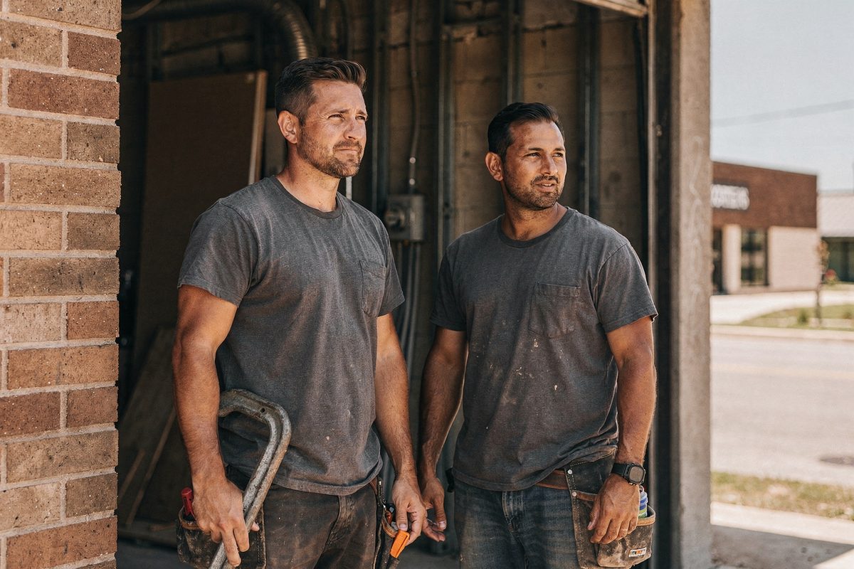 Two electricians at a job site, one holding a conduit bender