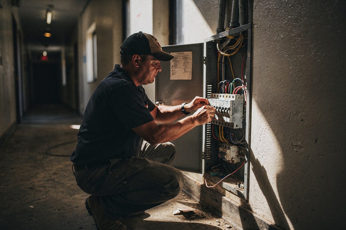 Electrician at work in a hallway, duotone photograph