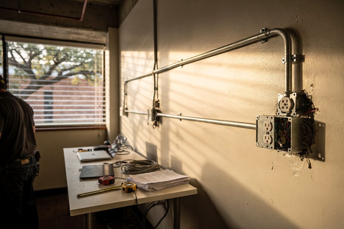 Conduit and new receptacles installed along a small office wall