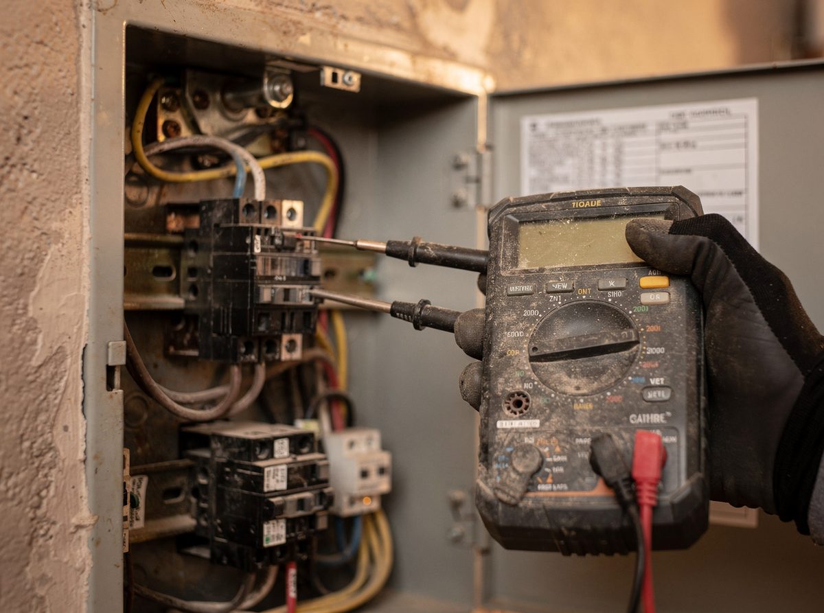 Multimeter testing a circuit inside an open breaker panel